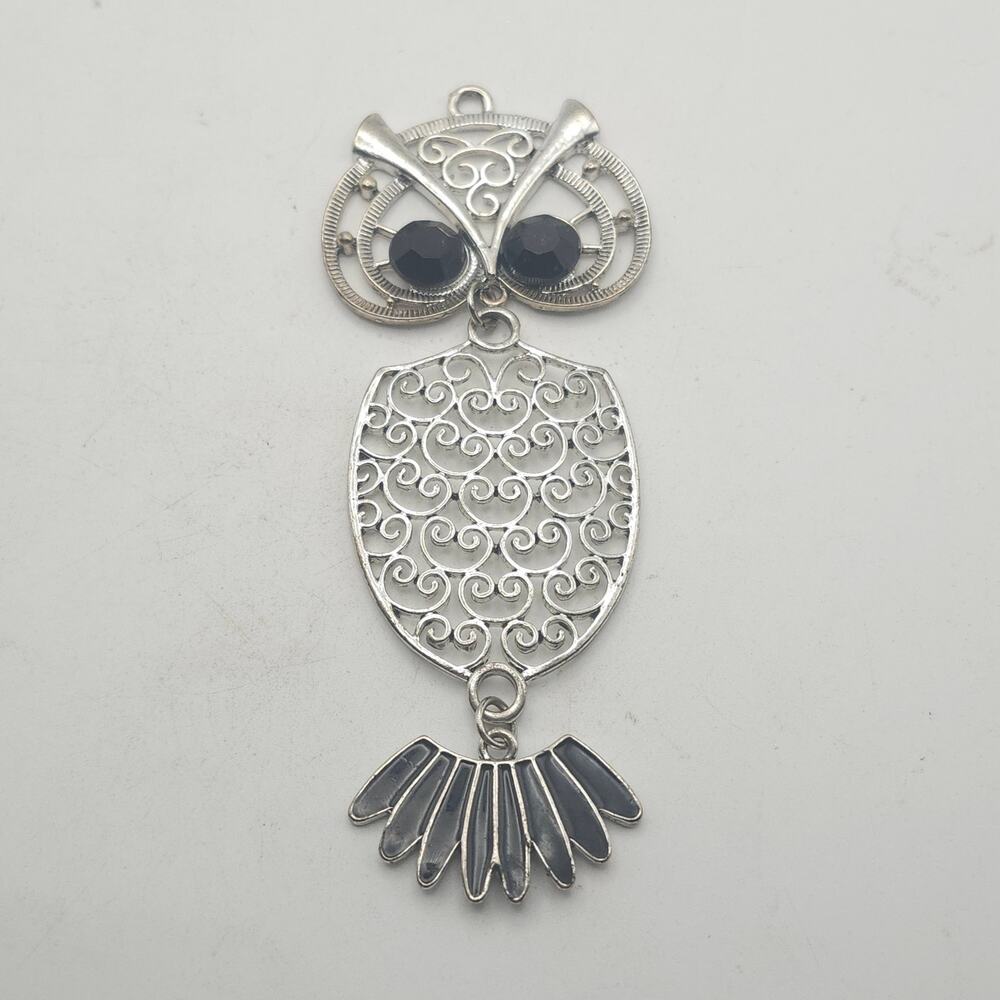 Silver Tone Filigree Owl Pendant Black Faceted Eyes Enamel Charm Retro Boho